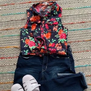 Navy Blue floral top with multi colored flowers